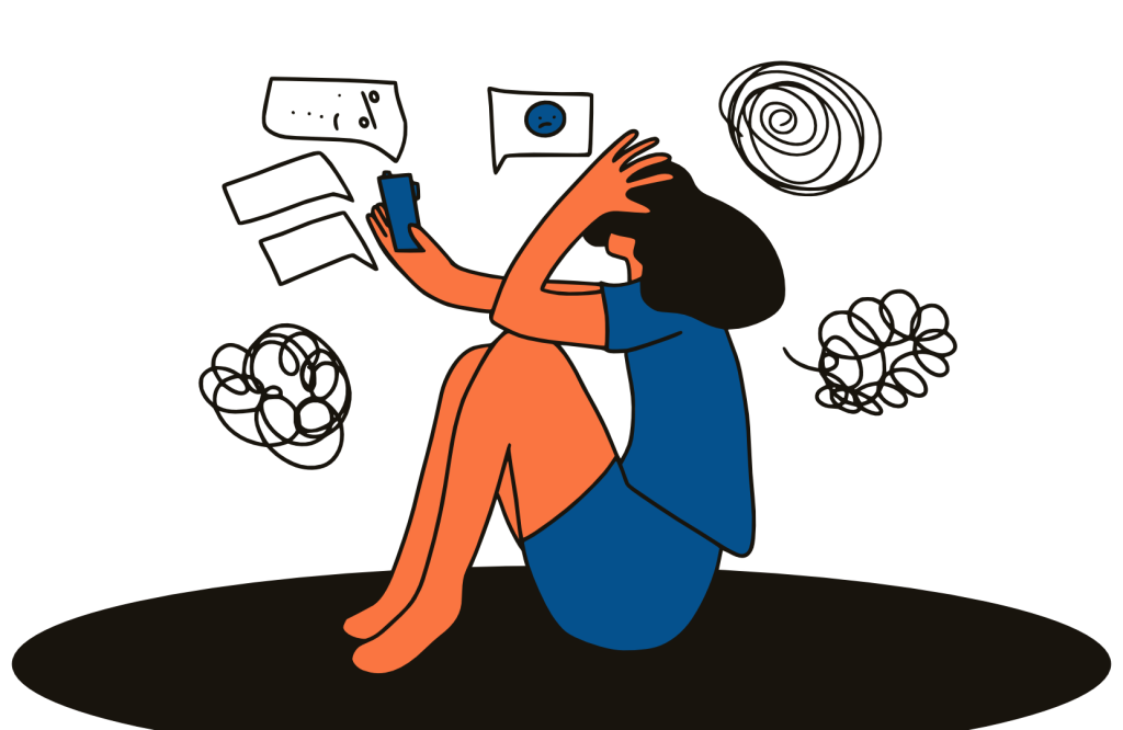 Illustration einer Dame, die am Boden sitzt und ein Handy hält. Ringsherum sind Symbole angezeigt, die Ärger signalisieren.