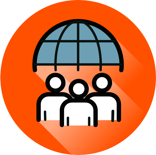 Drei Personen vor einer angedeuteten Weltkugel