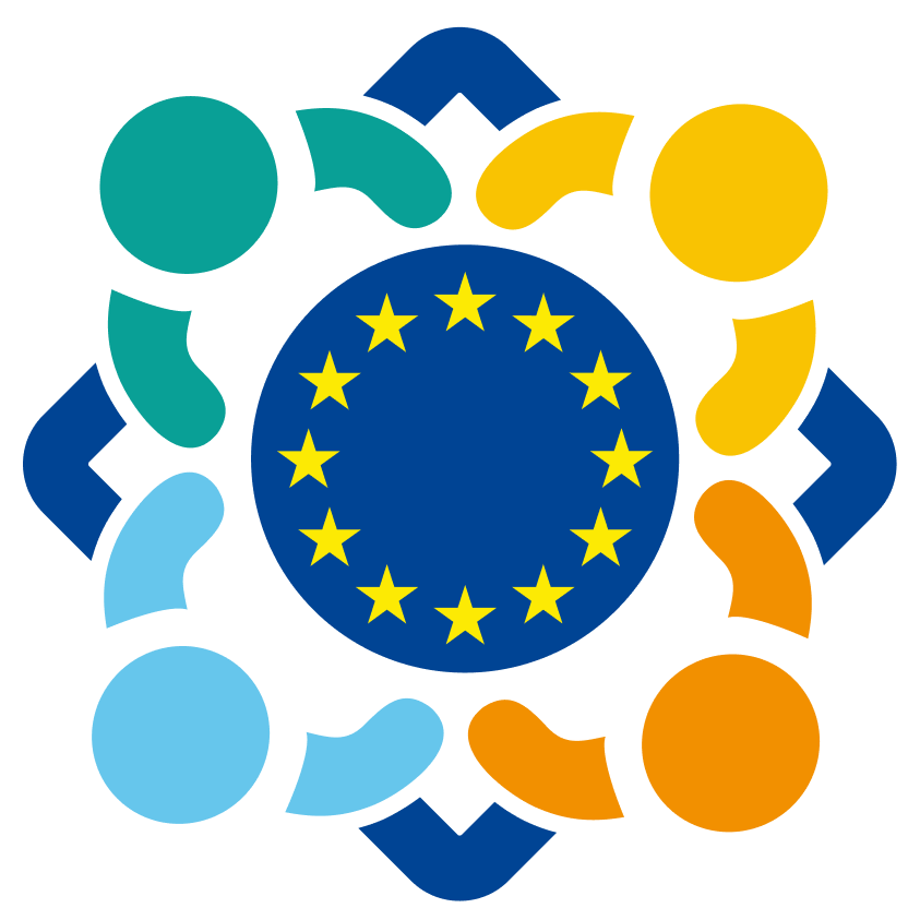 Vier symbolische Personen sitzen um einen Tisch mit EU-Sternen